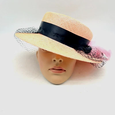 Miss Bierner Wide Brim Summer Sun Veil Netting Feathers Straw Hat Peach US Made - Image 1 of 4