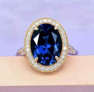 5.20 Ct Oval Cut Natural Sapphire Diamond Engagement Ring 14K Yellow Gold Solid - Image 1 of 4