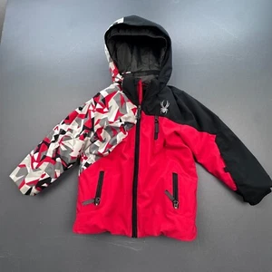 Spyder Ski Jacket Boys Size 5 Hooded Insulated Waterproof Red Black Camo Snow - Picture 1 of 15