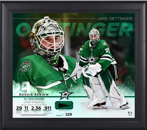 Jake Oettinger Stars FRMD 15x17 Rookie Review Collage w/Piece of GU Puck-LE 229 Cover