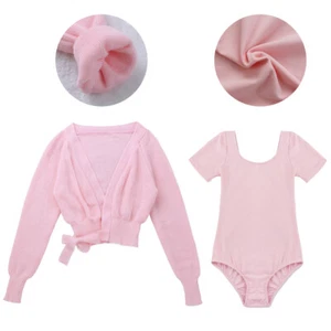 Kids Girls Sports Set Dancewear Bolero Shrug Activewear Leotard With Cardigan - Picture 1 of 28