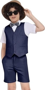 Boys Linen Suit Summer 2 Pieces Slim Fit Kids Suits Beach Wedding Outfit Vests - Picture 1 of 22