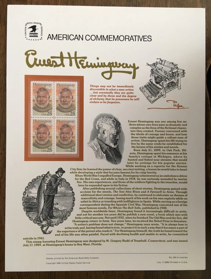 USPS Commemorative Panel #2418 ERNEST HEMINGWAY FAMOUS AUTHOR 25 cent block - Image 1 of 1