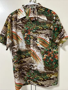 VTG 70s Royal Islander Hawaiian Shirt Medium Rainbow Tropical Point Collar Brown - Picture 1 of 12