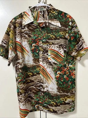 VTG 70s Royal Islander Hawaiian Shirt Medium Rainbow Tropical Point Collar Brown - Image 1 of 4