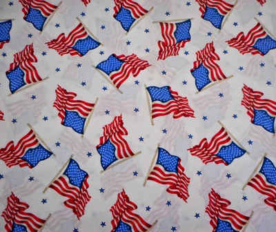 Patriotic Fabric 7/8 Yard Waving Flags Navy Blue Stars on White Cotton Vtg - Image 1 of 2