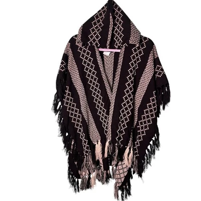 Hooded Black Geometric Print Poncho/Shawl with Fringe Size Medium - Image 1 of 4