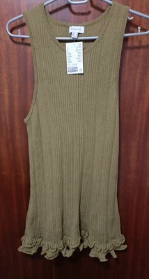 Woman Sz L Very Stretchy Khaki Green Sleeveless Top Frill On Hem - Image 1 of 4