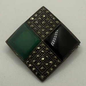 Vintage Sterling Silber Brosche Anhänger Onyx Markasit Art Deco Stil 925 TH SS - Bild 1 von 5