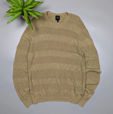 Armani Exchange Men’s Sweater L Beige Linen Blend Striped Round Neck Pullover - Image 1 of 4