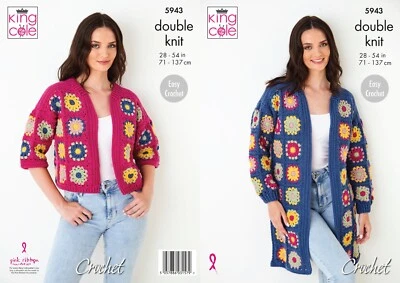 King Cole DK Crochet Pattern - 5943 Long Cardigan & 1/2 Sleeve Cropped Cardigan - Image 1 of 4