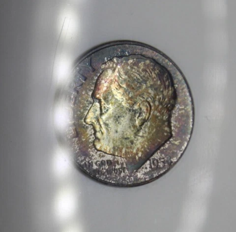 1954 Roosevelt Silver Dime 10C Anacs Mini MS 66 Color Toning Toned Graded Coin Cover