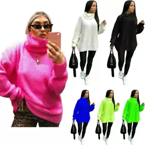 Damen Klobig Strick Baggy übergroß Damen Pullover Kleid High Polo Rolle Ausschnitt Oberteil - Bild 1 von 74