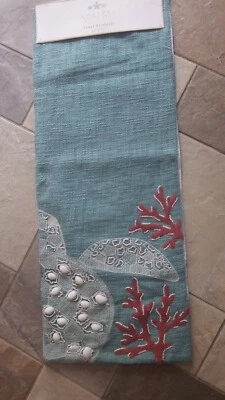 NEW- 6' Beaded Coastal Table Runner, Sea Turtle, Coral, Knobby Cotton, Seashells - Image 1 of 4