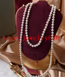 ELEGENT AAA+ 9-10MM REAL NATURAL AKOYA WHITE ROUND PEARL NECKLACE 14k gold 50" - Picture 1 of 4