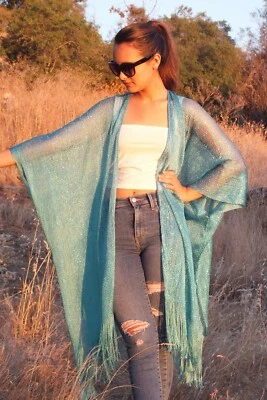 Top plumero festival kimono brillo metálico verde espuma de mar talla única talla grande Foto 1 de 3