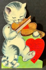 VTG Mechanical Arm Valentine Card Kitty Cat Playing Violin Aw Fiddlesticks - Picture 1 of 4