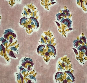 Cream Purple By the Yard Floral Indian Block Print Fabric for Sewing Dressmaking - Picture 1 of 10