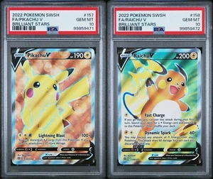 2022 PIKACHU V #157 RAICHU V #158 BRILLIANT STARS FULL ART PSA 10 SEQ 2CARD SET - Picture 1 of 5