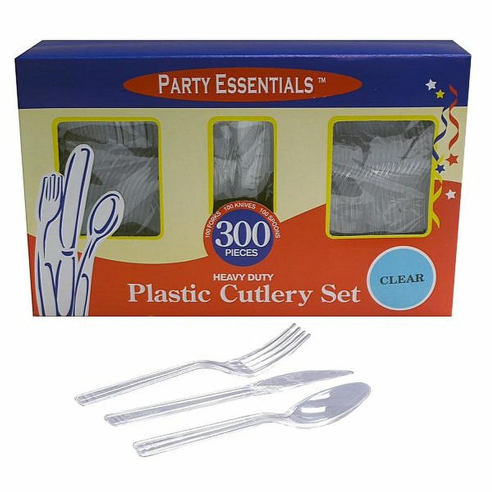 1 Party Essentials 300 piezas Caja de cubiertos de plástico - Tenedores, cuchillos y cucharas transparentes Foto 1 de 1