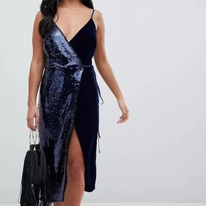 ASOS Womens Wrap Dress Velvet Sequin Midi Blue Size 16 Cocktail Whimsigoth Fairy - Picture 1 of 14