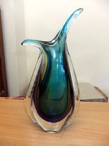 Vaso Venetian Submerso colore blu/verde con canne a torsione d'aria trasparente. - Foto 1 di 4