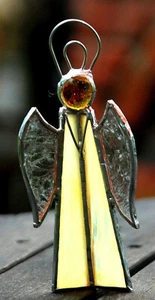 YELLOW ANGEL Tea Light CANDLE HOLDER / SUNCATCHER Free Standing Stained Glass - Picture 1 of 24