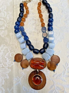 Chico's Statement Necklace Honey Amber & Blue Beads Wood Discs 28" Tribal Vibe - Picture 1 of 7
