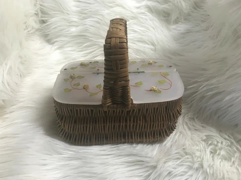 Vintage, Wicker Carry Basket w/Painted Vines & Tiny Rose Appliques on Hinged Lid Cover