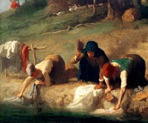 THE WASHERWOMEN WASHING CLOTHES RIVER FRENCH PAINTING JEAN-FRANCOIS MILLET REPRO - Picture 1 of 3