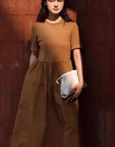 COS TAN CONTRAST-PANEL MIDI LONG RICH COTTON JERSEY POPLIN POCKETS T-SHIRT DRESS - Picture 1 of 24