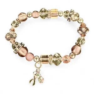 Breast Cancer Awareness Charm & Clear/Pink Bead And Rhinestone Stretch Bracelet - Picture 1 of 4
