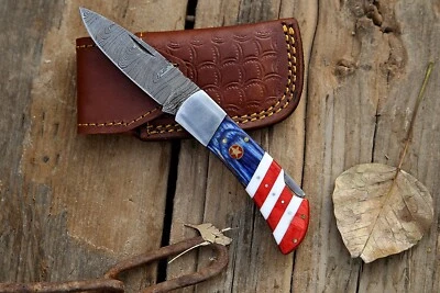 Damascus handmade Back Lock American Folding Pocket Skiner Camping Hunting Knife - Image 1 of 4
