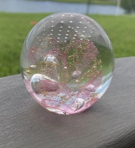 LOVELY Art Glass Paperweight Pink Flower Swirl With Bubbles - Picture 1 of 7