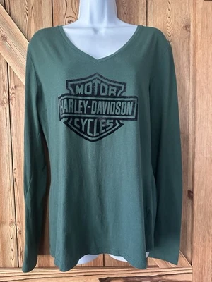 HARLEY-DAVIDSON Motorcycles Shirt Green Long Sleeve Sunburg Ohio Women’s Large - Image 1 of 4