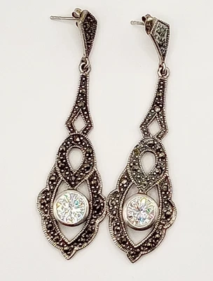 Orecchini donn lobo pendenti vintage art decò argento 925 pavé marcasiti zircone - Immagine 1 di 4