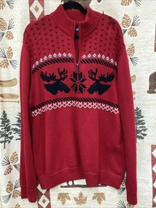 XXL  Chaps Moose Red Holiday 1/4" ZIP Cozy Cabin Pullover Sweater - Picture 1 of 6