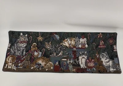 Christmas Cat Tapestry Table Runner 34x12.5 Vintage Holiday Decor Cats Toys Tree - Image 1 of 4