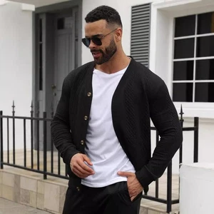 Men's Jacquard Cardigan Button-Up Knitted Slim-Fit Jacket - Picture 1 of 26