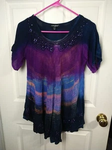 Greater Good Woman Free Size Ombre Blouse Sequin Embroidered S/S Rounded Hem... - Picture 1 of 11