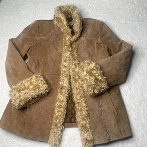 Winlet leather suede penny lane coat vintage size L tan faux fur trim emroidered - Picture 1 of 18
