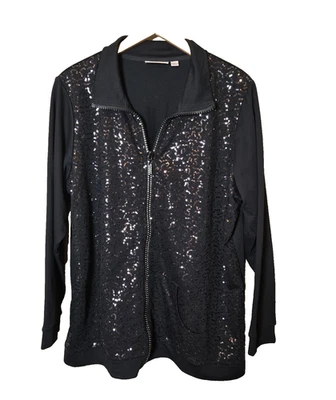 Quacker Factory Black Sequin Cardigan Zip Jacket Plus 1X Party Sweater Glam  - Image 1 of 4