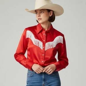 🌻1960s Vintage Rockmount Ranchwear Red Western Fringe Shirt Women's M/L - Picture 1 of 12