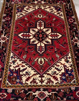 4'x 6'1" Hand-Knotted Wool Geometric Herize Rug - Handmade 4x6 Carpet - Image 1 of 4