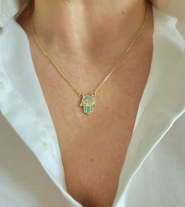 Hamsa Necklace Turkish Nazar Necklace Gold Plated Turquoise Hamsa Hand Necklace - Picture 1 of 7