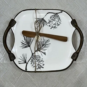 Mud Pie Pinecone Ceramic Rustic Hostess Serving/Cheese Tray White & Brown 10x8” - Picture 1 of 10