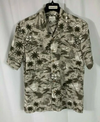 Trader Bay Hawaiian Mens Button Up Short Sleeve Shirt Hawaiian Print Tan  - Image 1 of 4