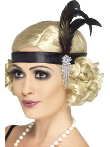 Adult 20s Flirty Flapper Girl Black Satin Charleston Headband Costume Accessory - Picture 1 of 1