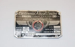 Original Continental O-170-3B Aircraft Engine Data Plate, Authentic #1 - Bild 1 von 2