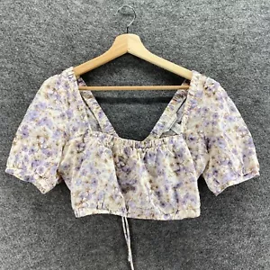 H&M Cropped Top Women S Small Beige Floral Square Neck Short Sleeve Linen Casual - Picture 1 of 5